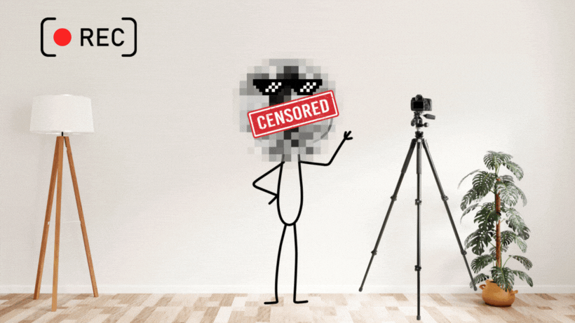 Recording setup with censored stick figure